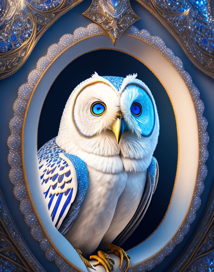 Stylized white owl with blue eyes in ornate blue and gold patterns