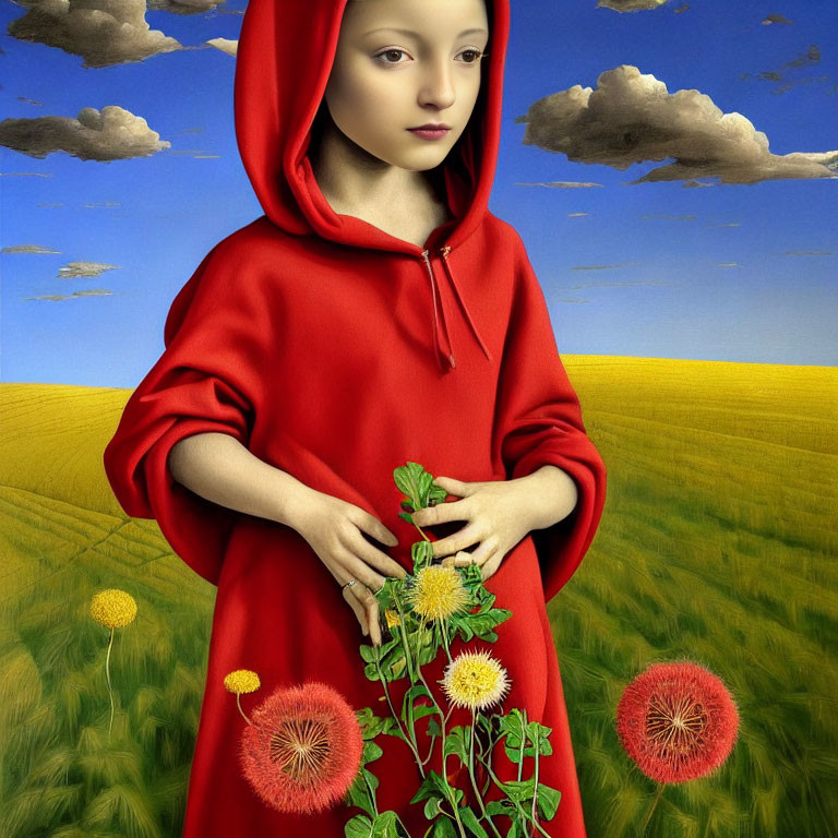 Surreal portrait of girl in red cloak with dandelions in vivid landscape