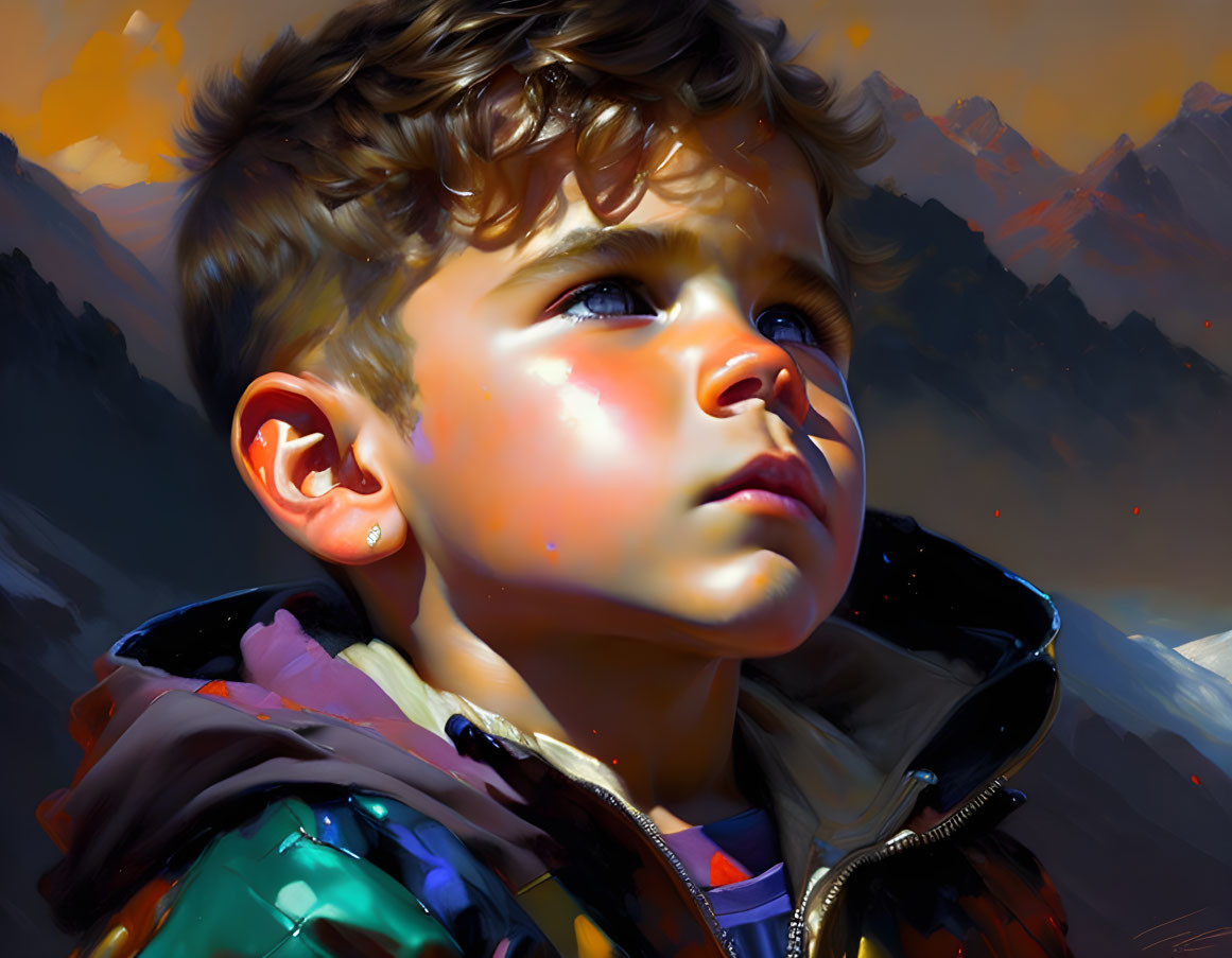 Young boy with curly hair gazing under orange cloudy sky