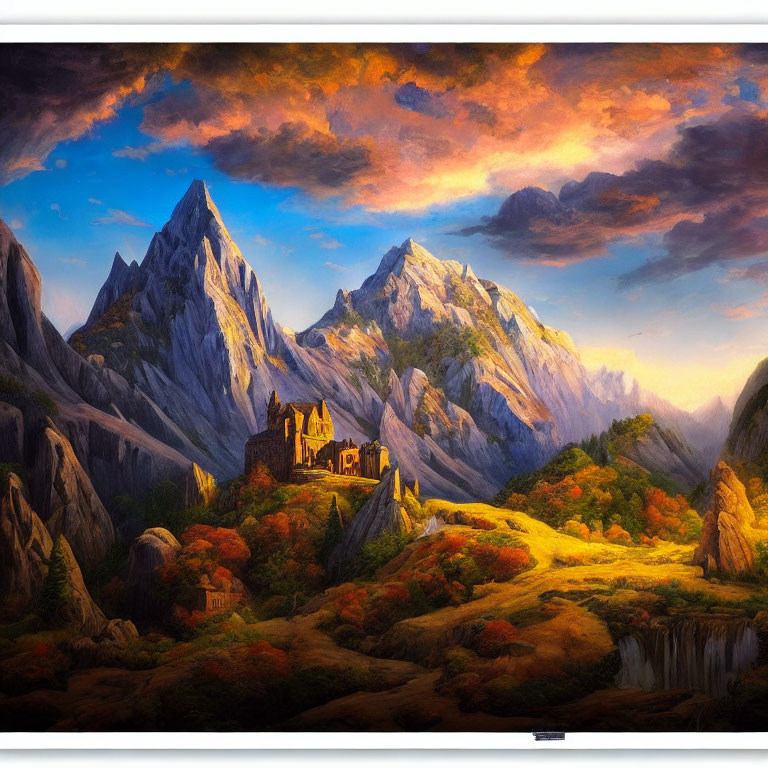 Mountain landscape painting with castle and sunset sky