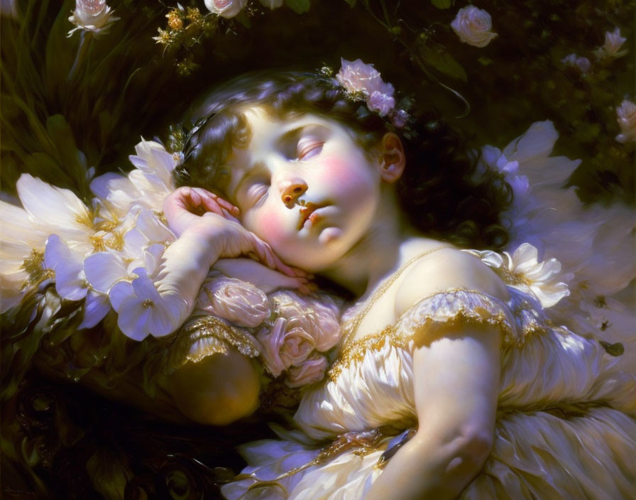 Tranquil scene of sleeping child among delicate flowers