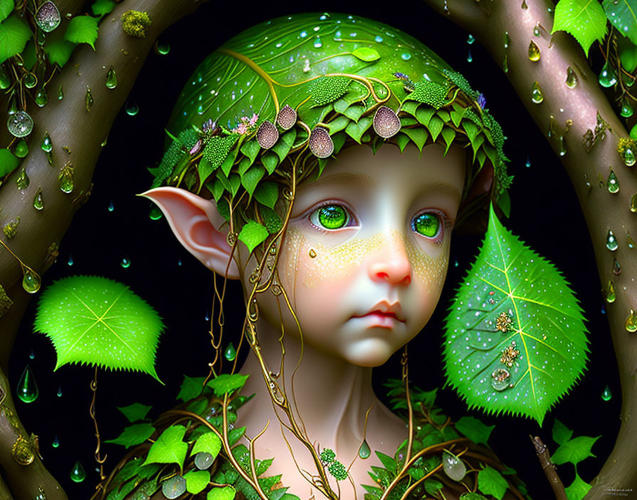 Fantastical creature with pointed ears in leafy greenery - ethereal forest nymph.