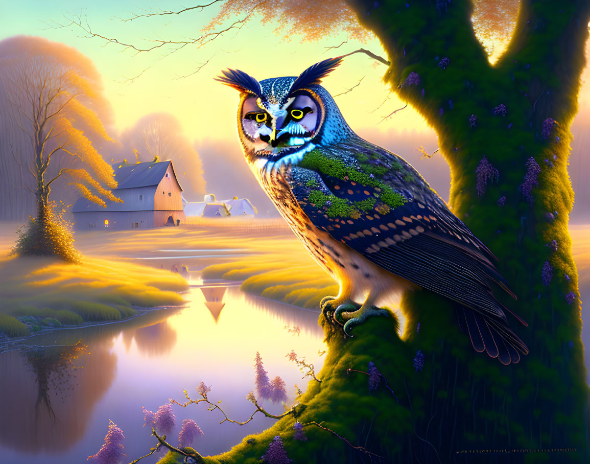 Colorful owl on tree in serene landscape with river and cottage