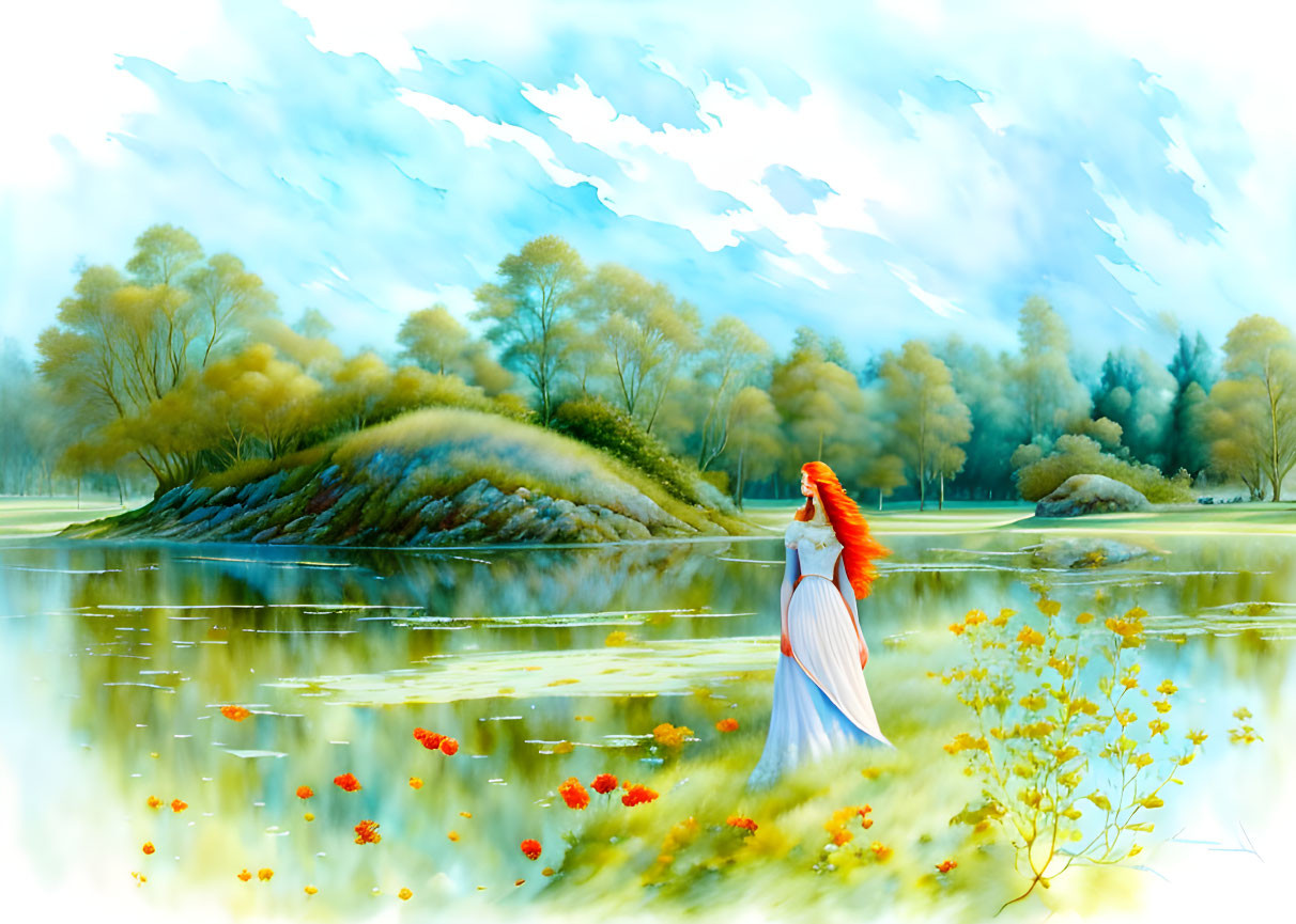 Fiery Red-Haired Woman by Tranquil Lake in Ethereal Landscape