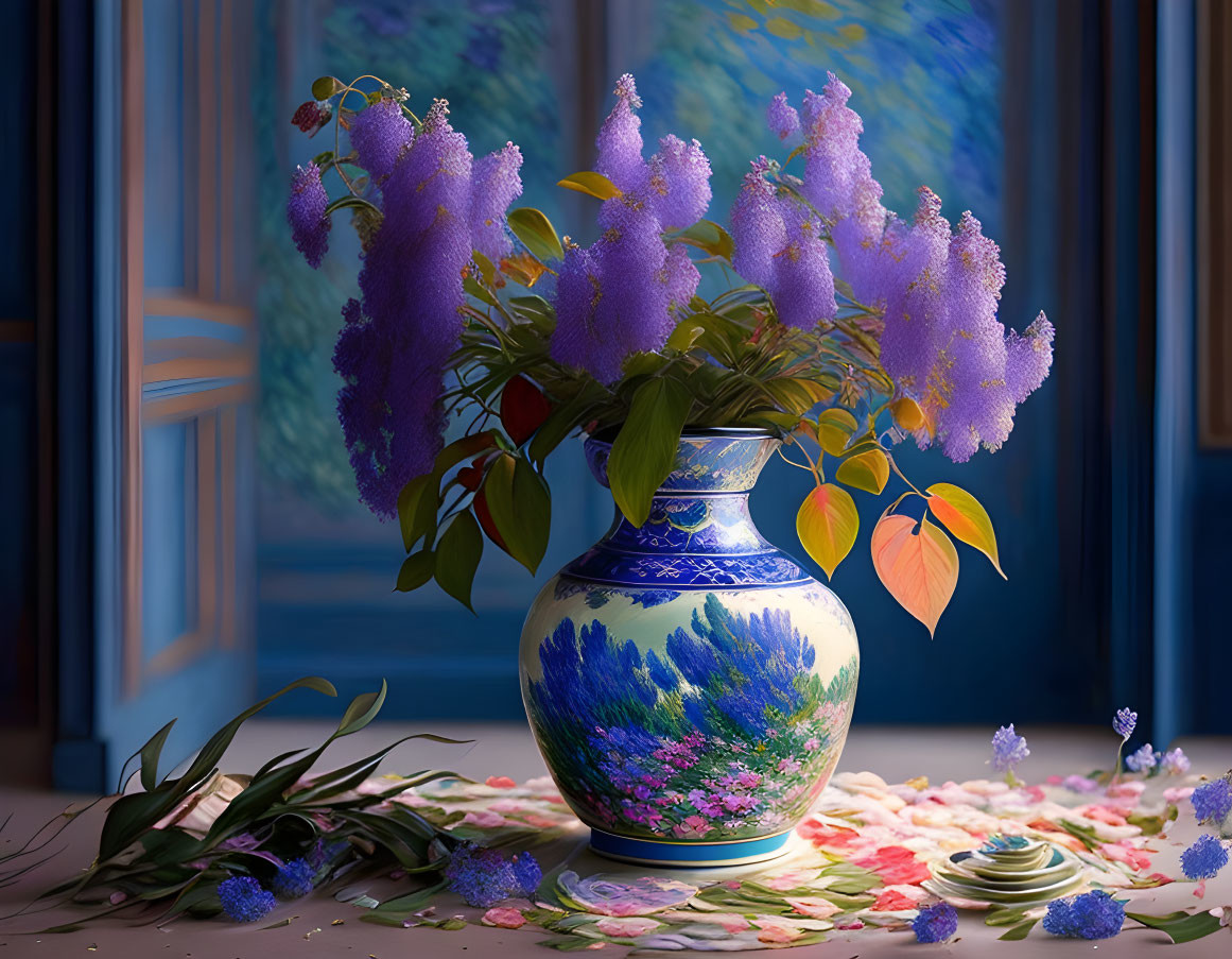 Colorful still life: blue vase, purple flowers, scattered petals, serene outdoor view