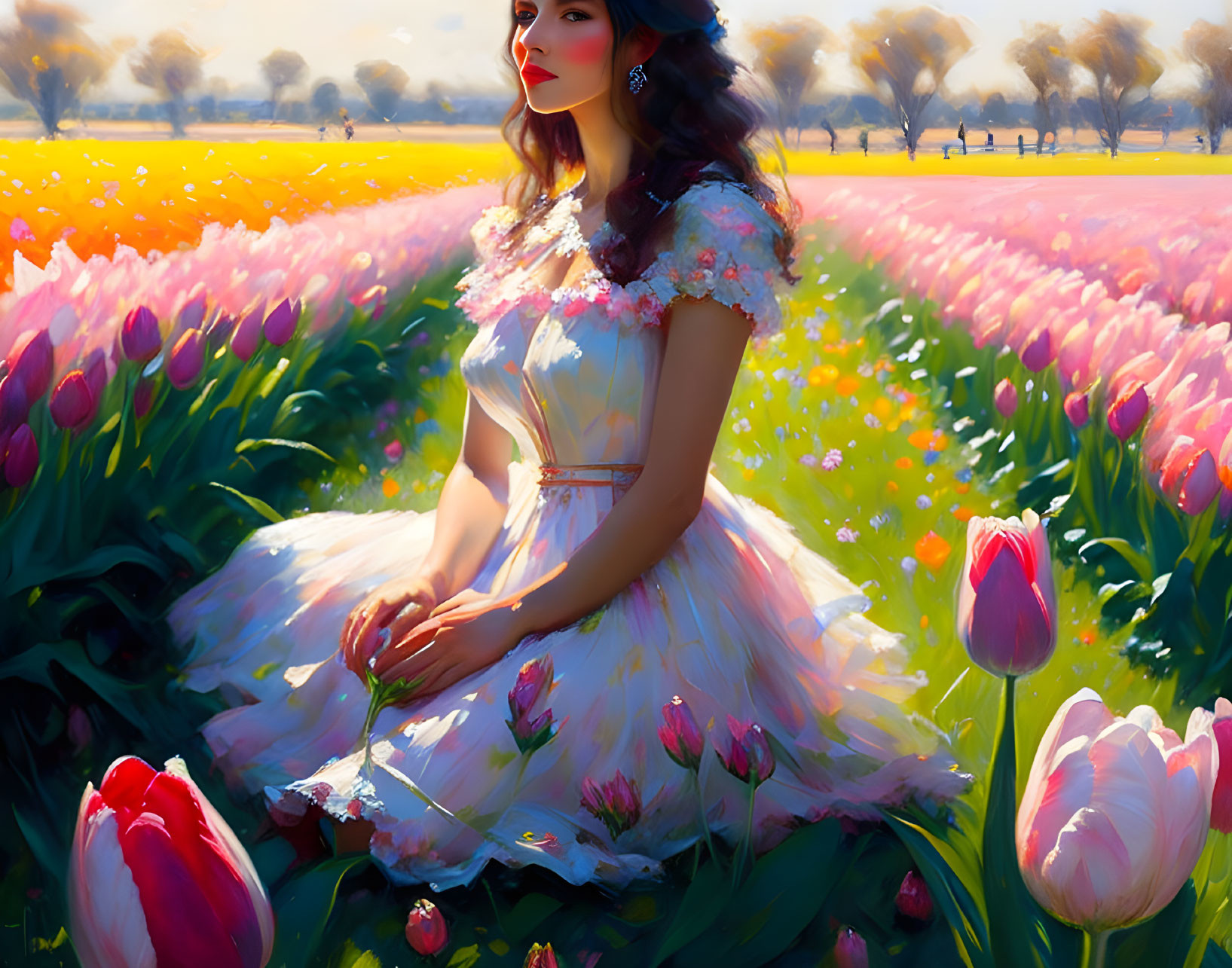 Woman in white dress surrounded by blooming tulips in vibrant field