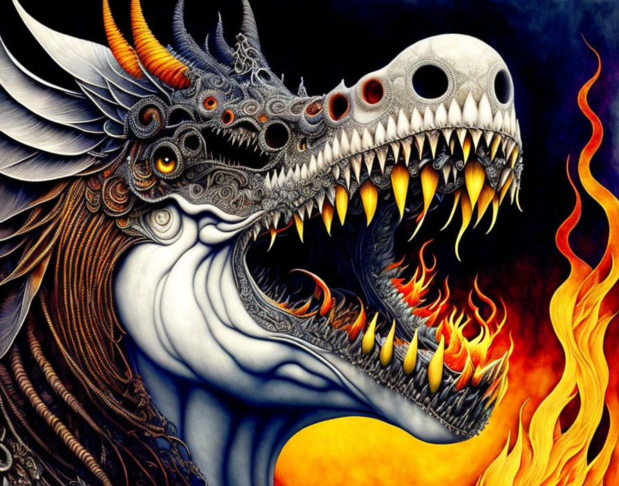 Colorful Dragon Illustration with Detailed Scales and Fiery Breath