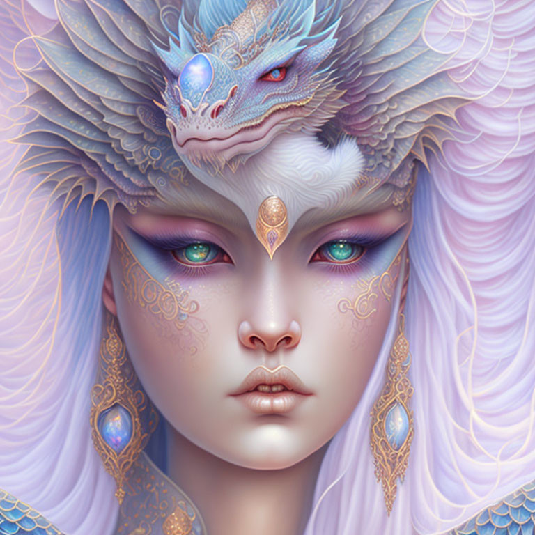 Fantasy portrait with person, violet eyes, golden jewelry, and blue dragon with horns