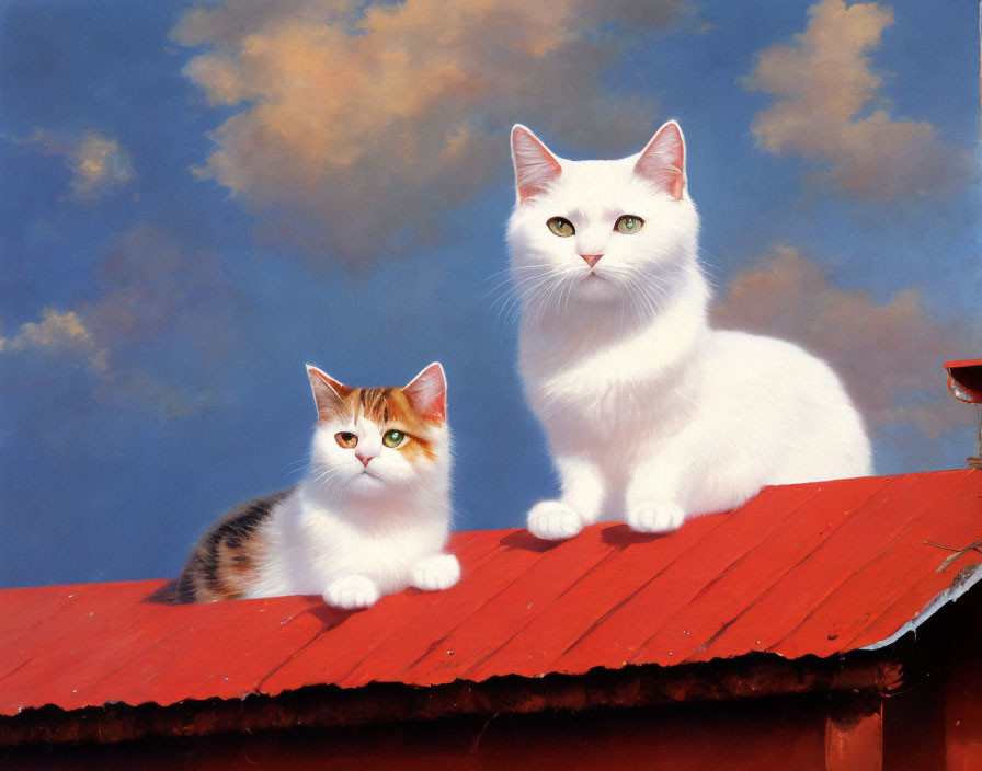 Two Cats with Green Eyes on Red Roof Against Blue Sky