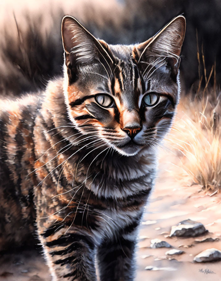 Detailed Painting of Brown-Striped Cat with Blue Eyes in Warm Toned Background