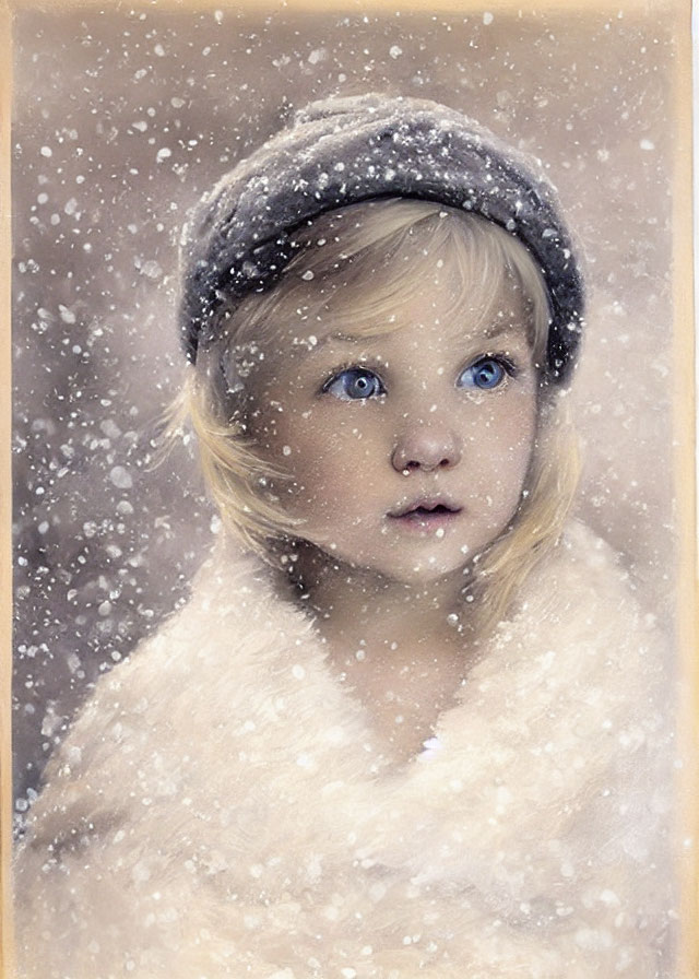 Child in white fluffy coat and black beret under falling snowflakes