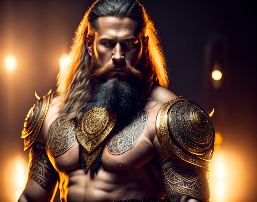 Muscular man with long hair and beard in ornate armor poses against fiery backdrop