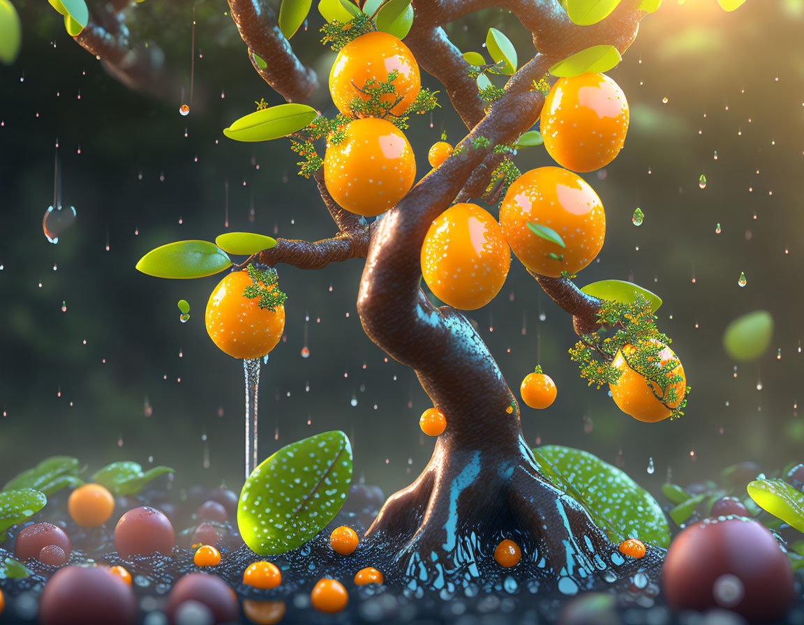 Colorful Tree Illustration with Orange Fruits and Glowing Lights