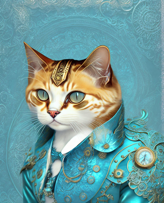 Green-eyed cat in blue historical attire with golden embroidery