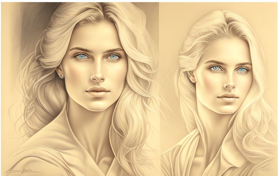 Digital portrait of woman with blue eyes and long, wavy blonde hair in two expressions