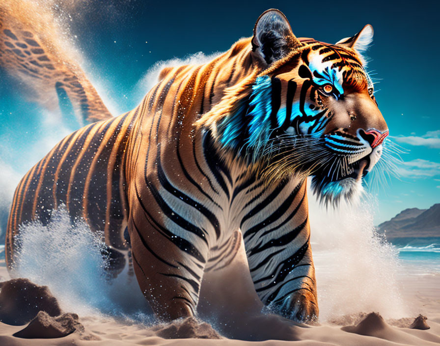 Majestic tiger with vibrant blue stripes on sandy beach