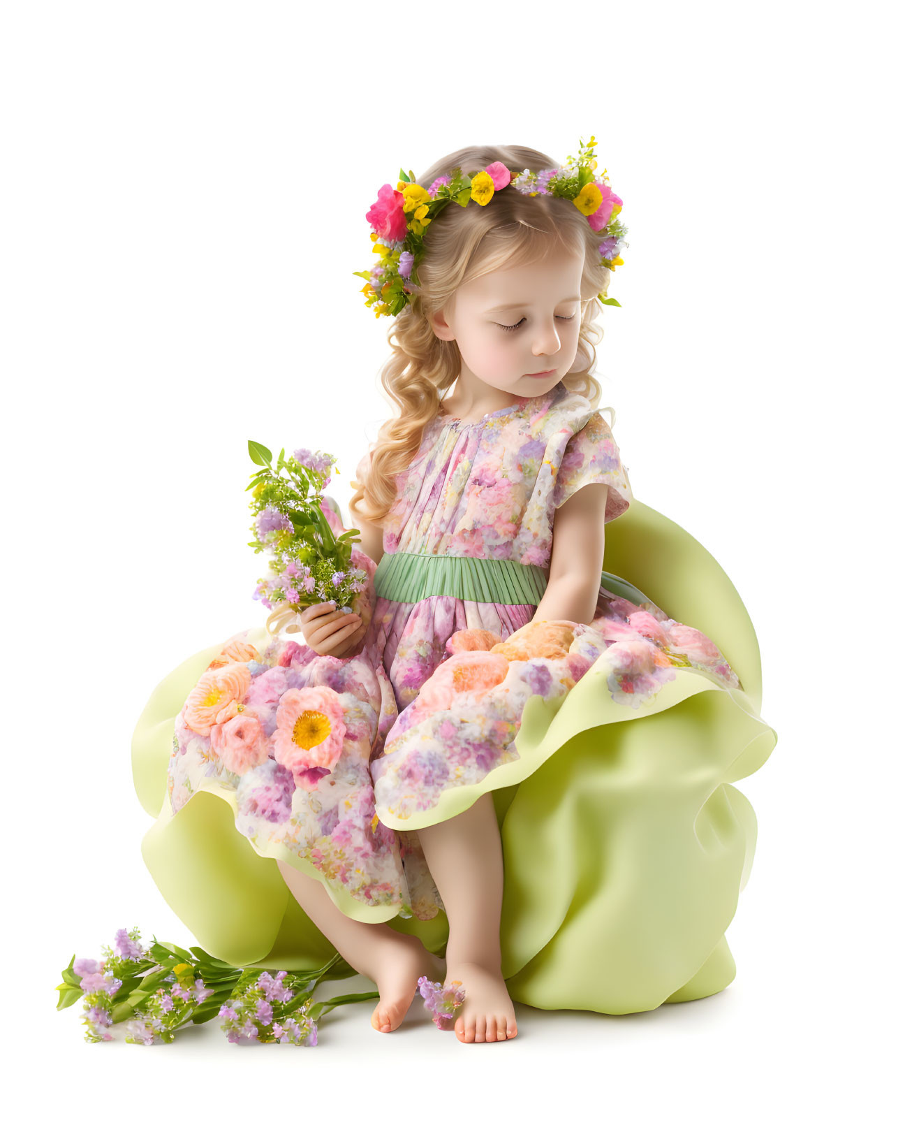 Young girl in floral dress holding flowers on green chair