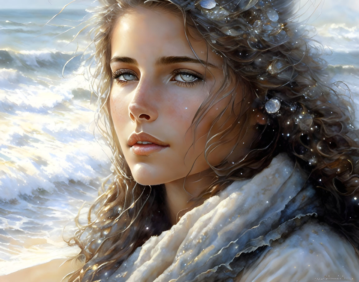 Digital painting of woman with blue eyes and curly hair in white garment by sea.