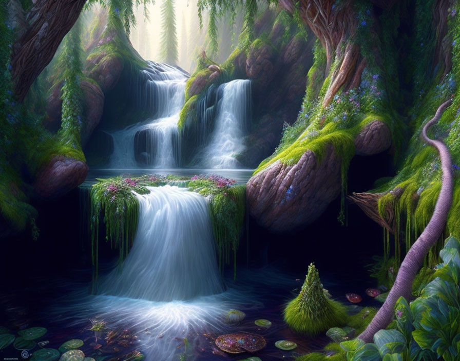 Serene forest waterfall with sunlight, moss-covered rocks, and tranquil blue waters