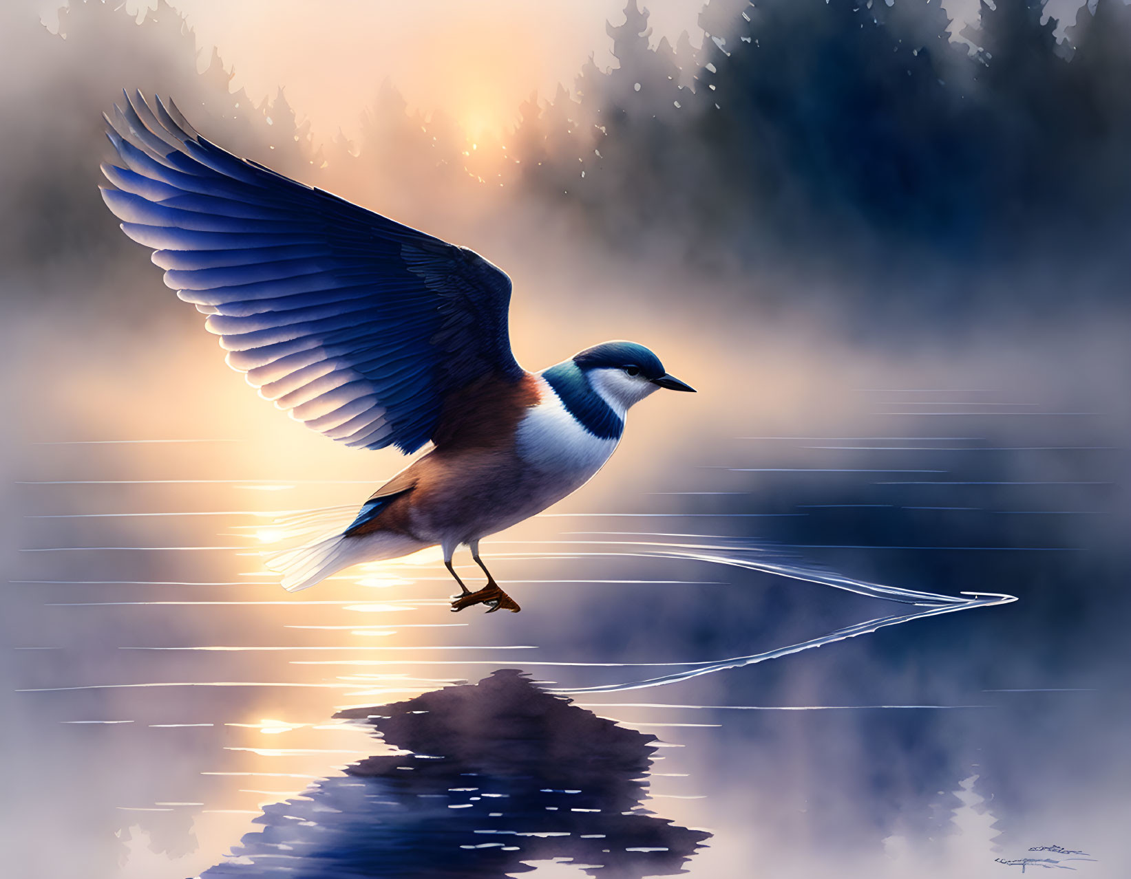 Graceful Bird Gliding Above Water with Sunlit Reflections