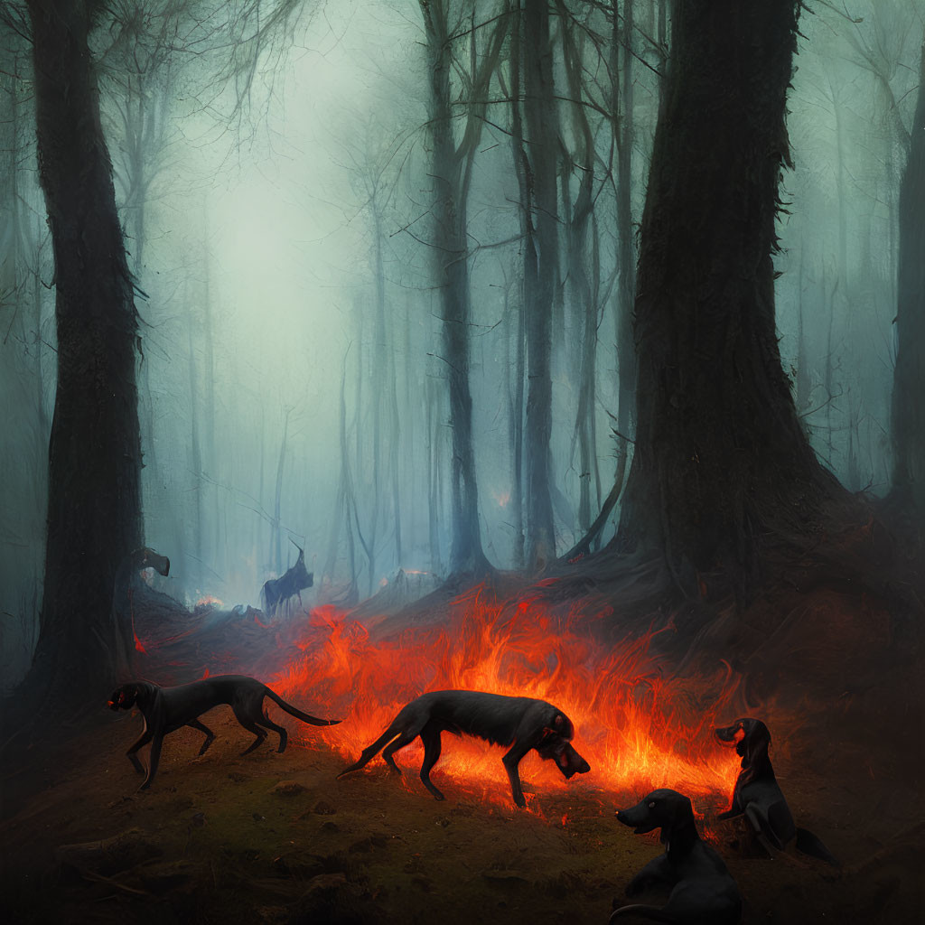 Mystical forest scene: slender black dogs, glowing red embers, fog-covered trees, dim