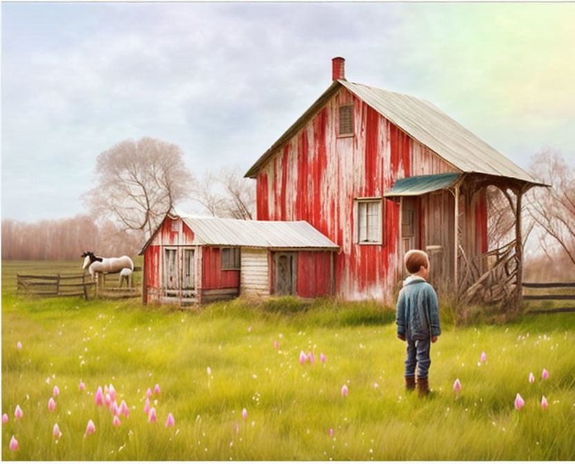 Young boy in green field with barn, outbuilding, and horse grazing