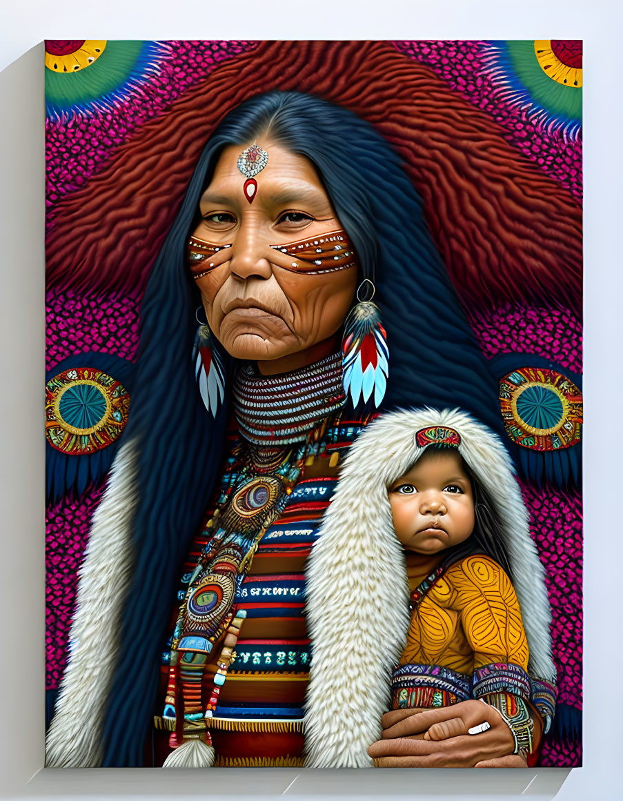 Indigenous woman and child in cultural attire against vibrant backdrop