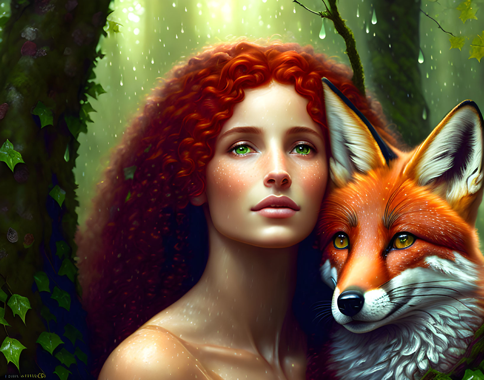 Curly Red-Haired Woman with Realistic Red Fox in Green Foliage Rain Scene