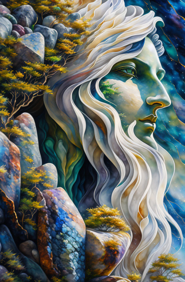 Detailed painting of woman's face merging with natural landscape