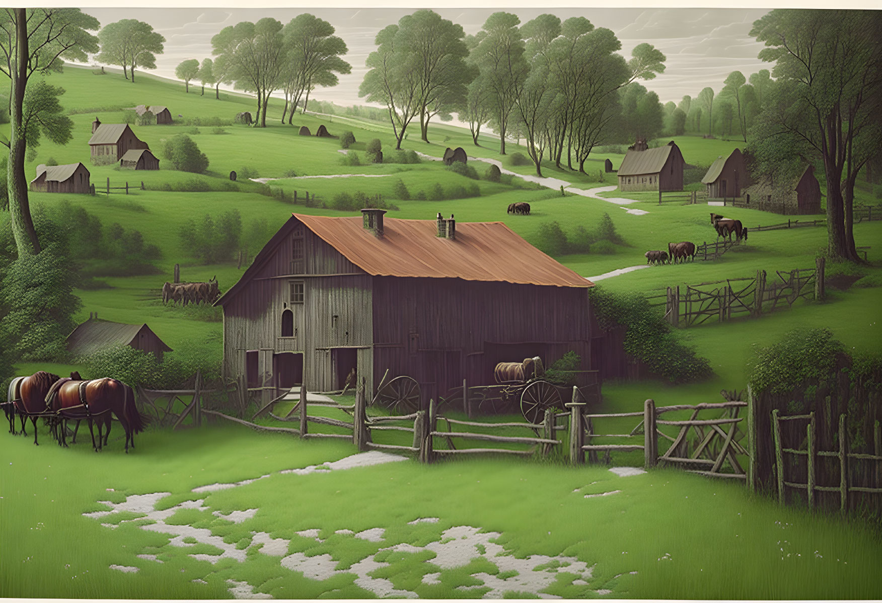 Rustic landscape with barn, horses, carts, cottages in green fields