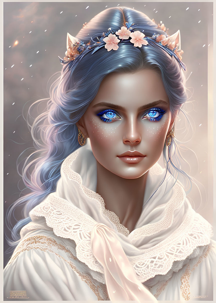 Woman with Blue Hair and Floral Crown in Starry Setting