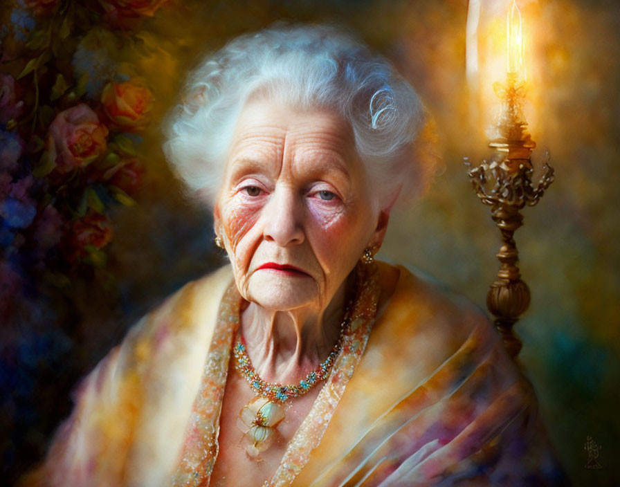 Elderly woman in elegant attire with grey hair near candleholder and floral backdrop