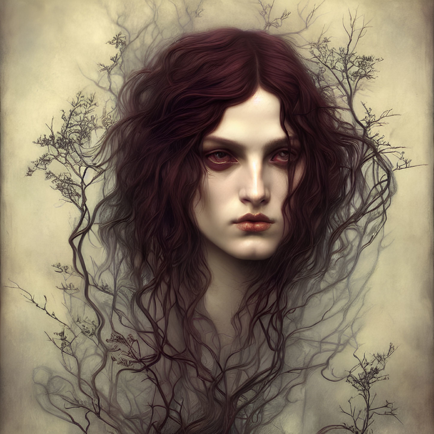 Intricate surreal portrait with red hair blending into branches