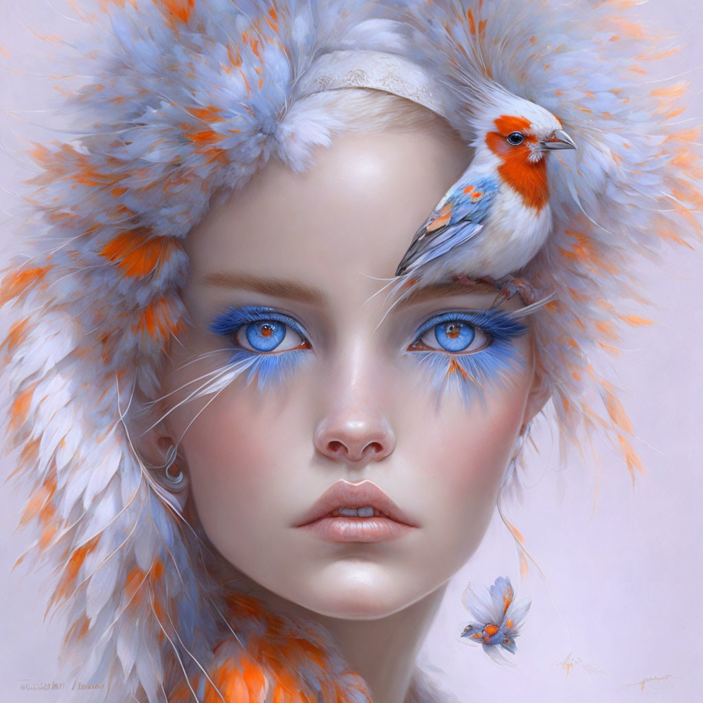 Digital Artwork: Person with Blue Eyes in White and Orange Hat with Matching Bird