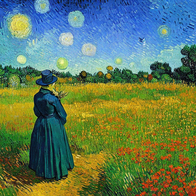 Woman in Blue Dress Stands in Vibrant Field Under Starry Night