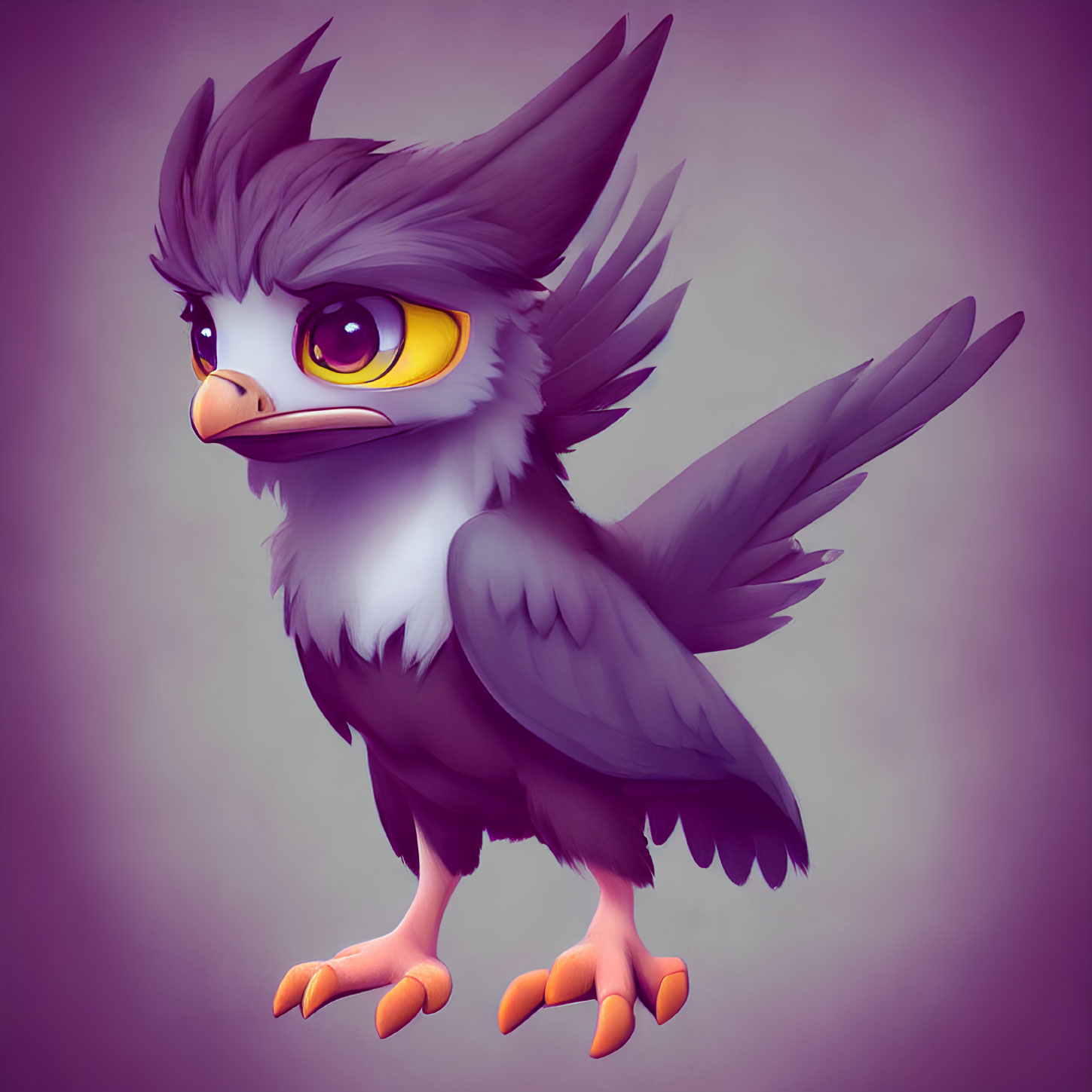 Cartoonish Bird Illustration with Yellow Eyes on Purple Background