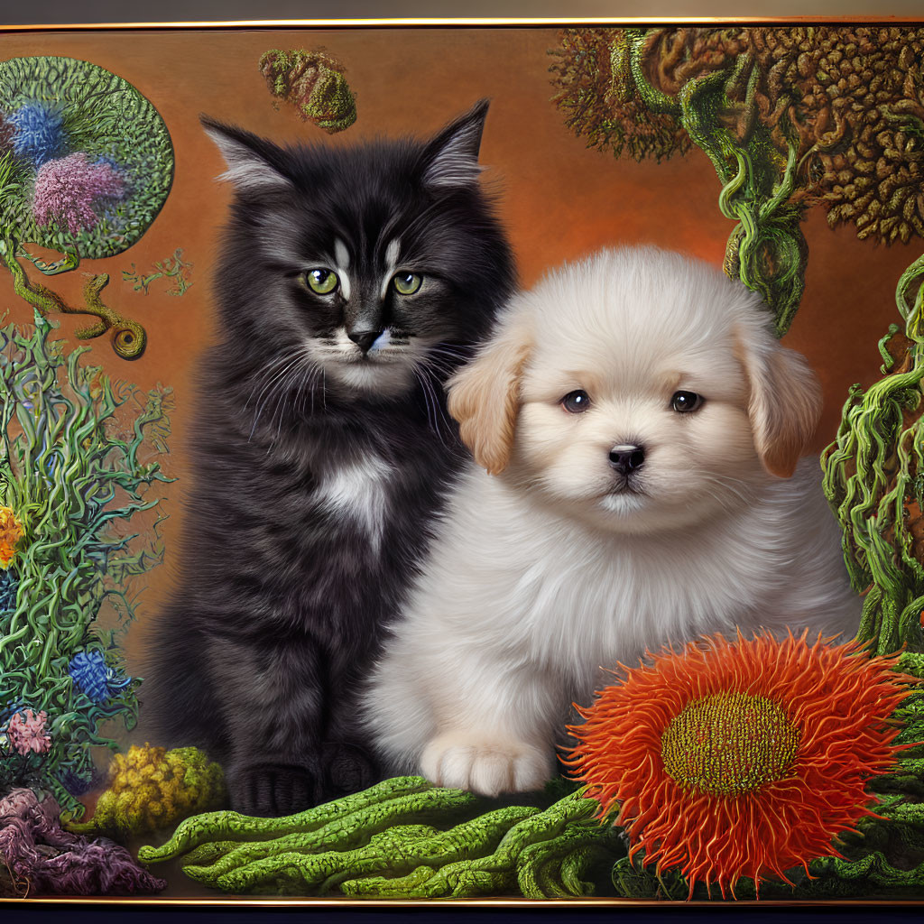 Fluffy black and white cat with cream-colored puppy in fantastical setting