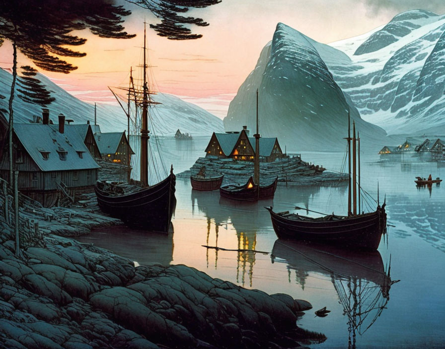 Scenic Nordic harbor with boats and snowy mountains