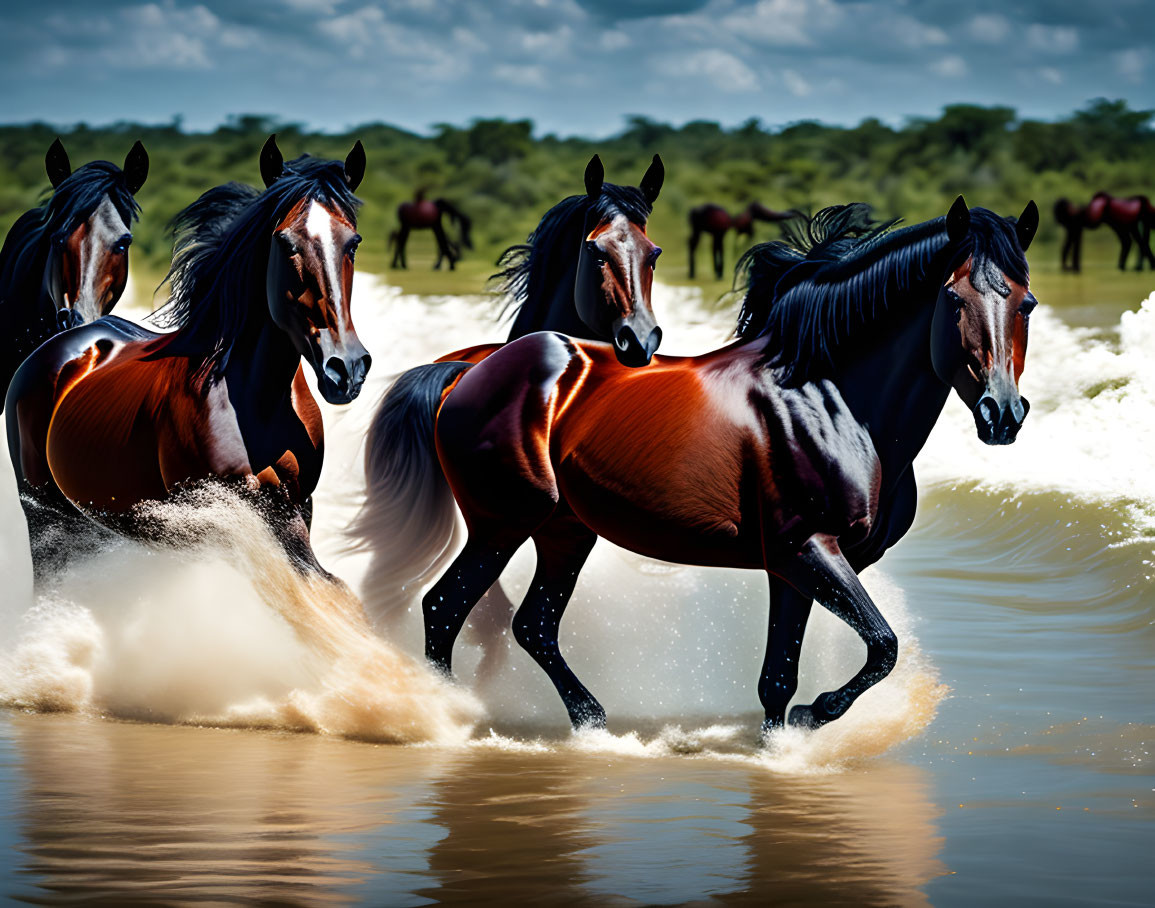 Majestic horses running in water with herd and trees.