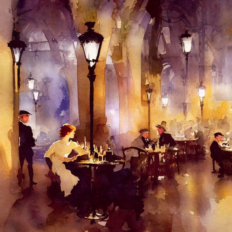 Impressionistic watercolor of cozy evening café scene