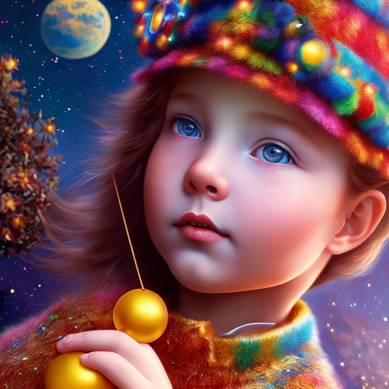 Digital artwork: Young girl with blue eyes in vibrant hat and coat, holding golden object against cosmic backdrop