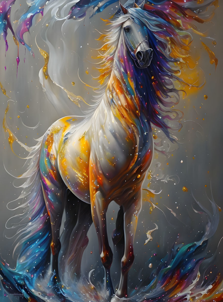 Colorful white horse illustration on grey background