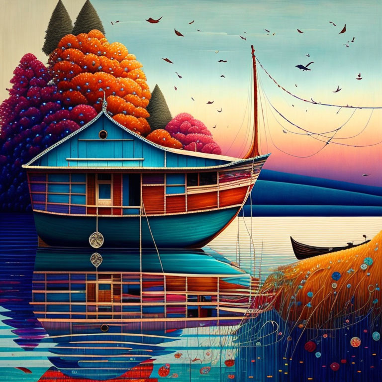 Colorful Traditional Boat Artwork with Surreal Landscape