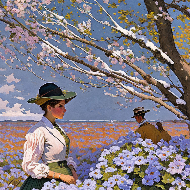 Vintage illustration of woman and man in vibrant field under blue sky