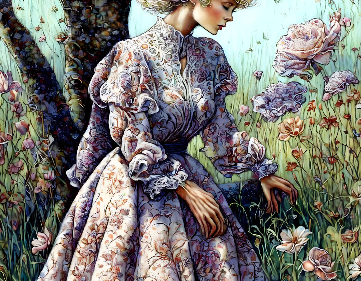 Illustrated woman in Victorian dress in lush garden with dreamlike quality