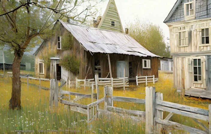 Weathered wooden houses, white picket fence, wildflowers in tranquil countryside