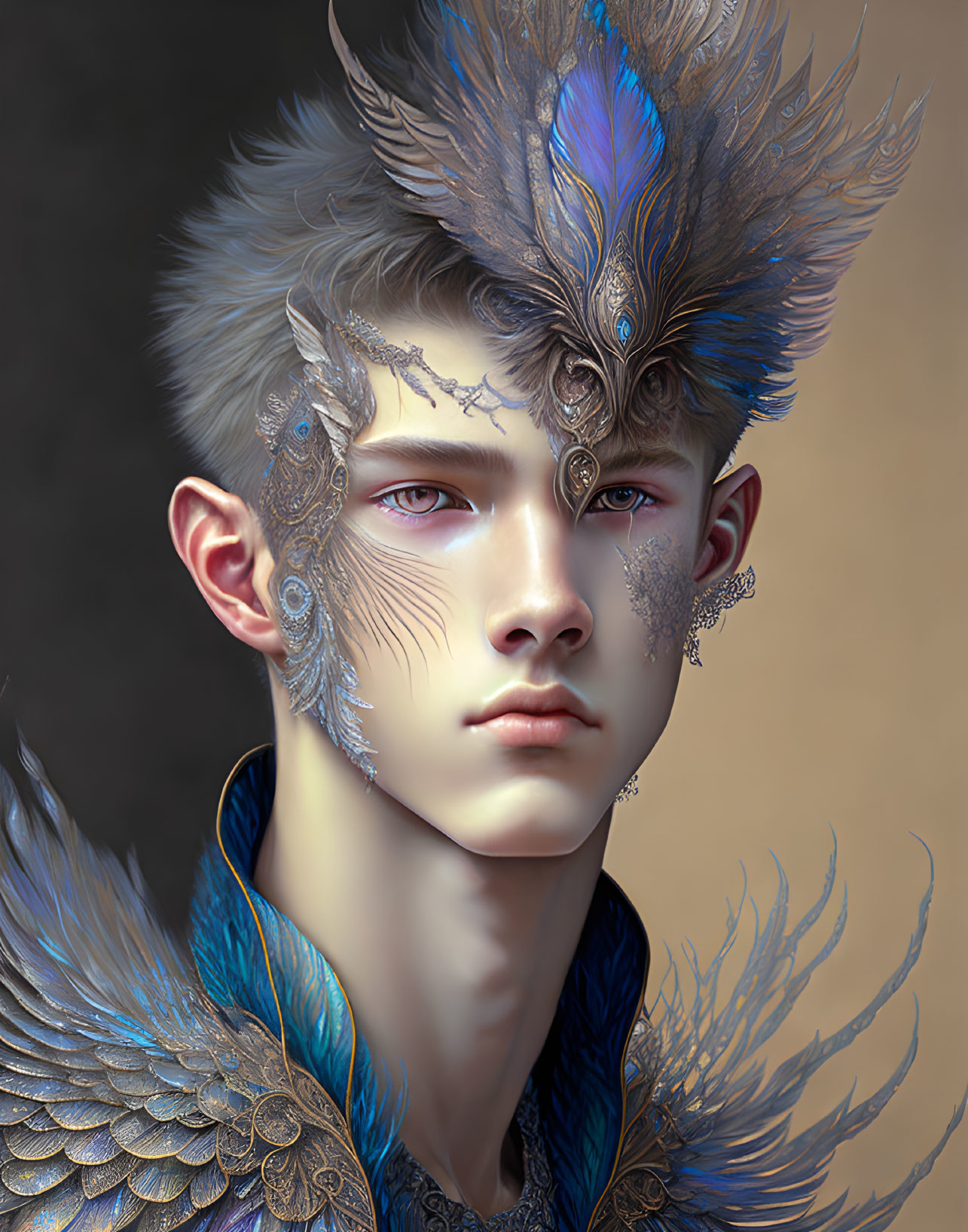 Young person adorned with blue and gold feathers and intricate jewelry