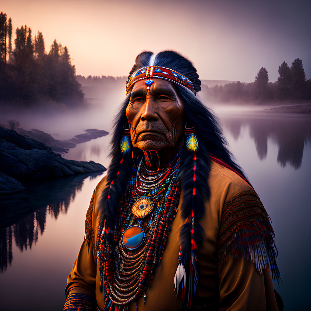 Native American elder in traditional attire by tranquil river at twilight