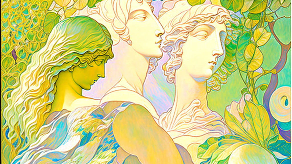 Ethereal Art Nouveau illustration of two figures with flowing hair and foliage motifs