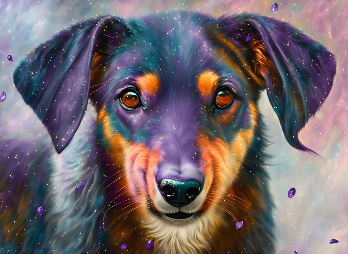 Colorful Dog Digital Painting Against Cosmic Starry Background